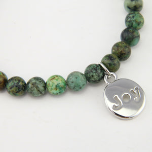 Christmas Bracelet - Moss Green Agate 6mm Bead Bracelet with Silver Word Charm