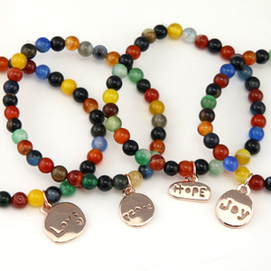 Christmas Bracelet - Kaleidoscope Agate 6mm Bead Bracelet with Rose Gold Word Charm