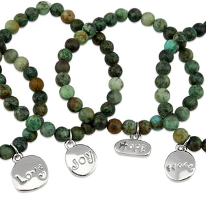 Christmas Bracelet - Moss Green Agate 6mm Bead Bracelet with Silver Word Charm