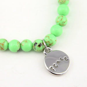 Christmas Bracelet - Lime Green Pop Synthesis 6mm Bead Bracelet with Silver Word Charm