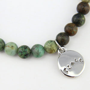Christmas Bracelet - Moss Green Agate 6mm Bead Bracelet with Silver Word Charm
