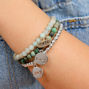 Christmas Bracelet - Moss Green Agate 6mm Bead Bracelet with Silver Word Charm