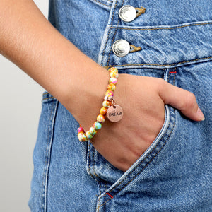 Stone Bracelet - Carnival Patch Agate Speckled Howlite Stone 8mm Beads - With Rose Gold charm