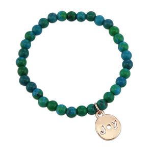 Christmas Bracelet - Aqua Green 6mm Bead Bracelet with Rose Gold Word Charm