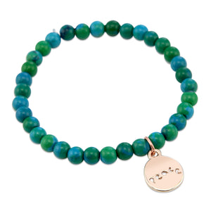 Christmas Bracelet - Aqua Green 6mm Bead Bracelet with Rose Gold Word Charm