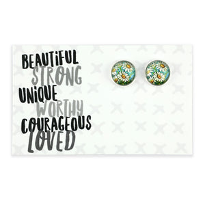 Pair of floral earrings on a card with motivational text