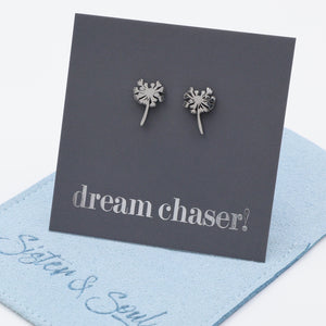 Dandelion earrings on a 'dream chaser' card with a blue envelope.