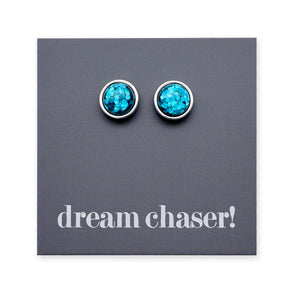 Dream Chaser! - Silver Stainless Steel 8mm Circle Studs - Aqua Blue Glitter (11463)