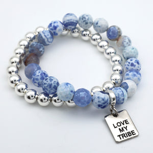 Bracelet Duo! 10mm Blue Agata & Silver & 8mm Silver bead bracelet stacker set - LOVE MY TRIBE (12061)