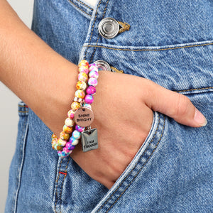 Stone Bracelet - Carnival Patch Agate Speckled Howlite Stone 8mm Beads - With Rose Gold charm