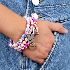 Stone Bracelet - Sugar Plumb Patch Agate Speckled Howlite 8mm Beads - With Rose Gold Charms