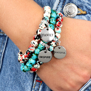 Stone Bracelet - Aqua Crush Patch Agate Speckled Howlite Stone 8mm Beads - With Silver Word charm