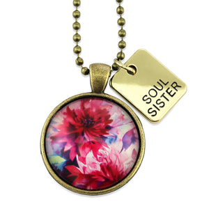 Pink floral print vintage gold circle pendant necklace with 'soul sister' charm. A product that fundraises for the National Breast Cancer Foundation.