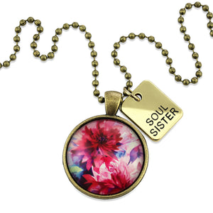Pink floral print vintage gold circle pendant necklace with 'soul sister' charm. A product that fundraises for the National Breast Cancer Foundation.