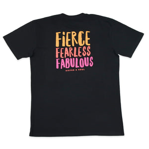 FIERCE FEARLESS FABULOUS - Plus Size Long Boxy Tee - Black with Colourful Print