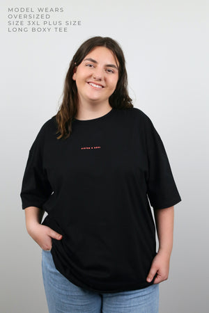 FIERCE FEARLESS FABULOUS - Plus Size Long Boxy Tee - Black with Colourful Print