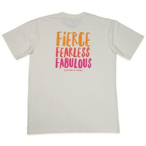 FIERCE FEARLESS FABULOUS - Plus Size Long Boxy Tee - ECRU with Colourful Print
