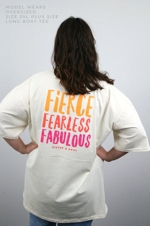 FIERCE FEARLESS FABULOUS - Plus Size Long Boxy Tee - ECRU with Colourful Print