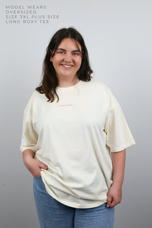 FIERCE FEARLESS FABULOUS - Plus Size Long Boxy Tee - ECRU with Colourful Print