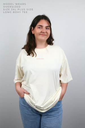 FIERCE FEARLESS FABULOUS - Plus Size Long Boxy Tee - ECRU with Colourful Print