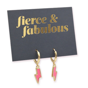 Gold and pink lightning bolt hoop earrings with a gold card saying fierce and fabulous.