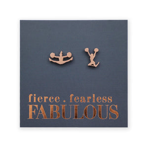 Rose gold cheerleader earrings on a grey card with 'fierce fearless FABULOUS' text.