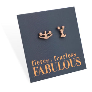 Cheer leader shaped Rose gold earrings on a dark blue card with 'fierce fearless FABULOUS' text.