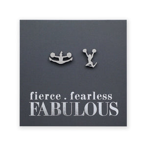 Silver cheerleading earrings on a dark gray card with 'fierce fearless FABULOUS' text.
