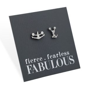 Cheer leader shaped Silver earrings on a black card with 'fierce fearless FABULOUS' text