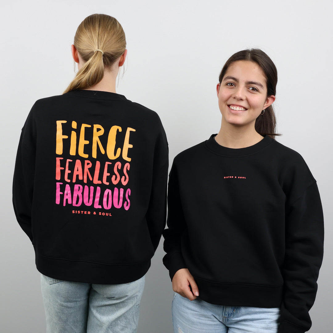 FIERCE FEARLESS FABULOUS - Relaxed Crop Crew Neck Jumper - Black