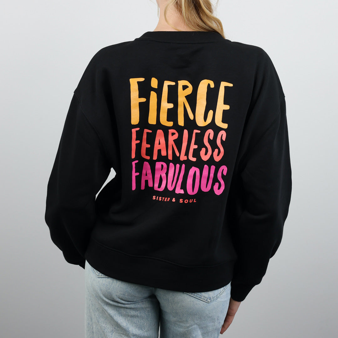 FIERCE FEARLESS FABULOUS - Relaxed Crop Crew Neck Jumper - Black