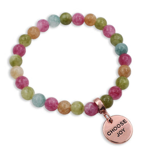 Multicolored beaded bracelet with a 'CHOOSE JOY' charm on a white background