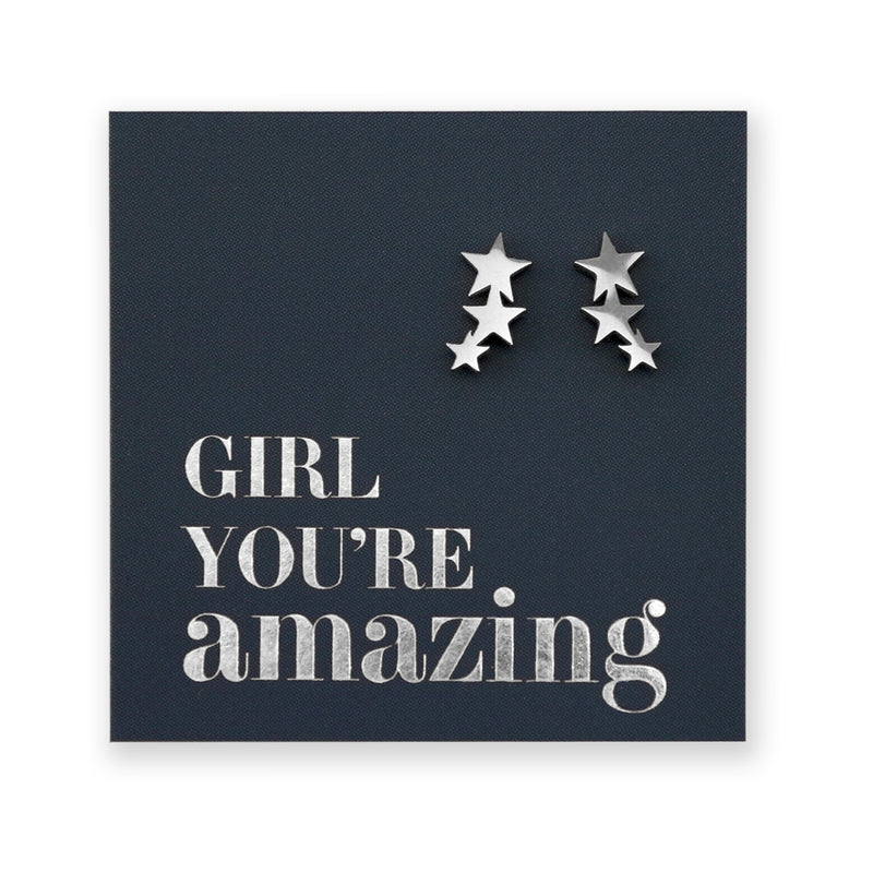 Stainless Steel Earrings. Hypoallergenic studs in Rose Gold, Silver, Black & Gold. Star shaped. Beautiful Gifts by Sister and Soul. Foil Foil feature gift card Girl you are amazing.