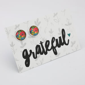 Bright Silver 'Grateful' 12mm Circle Studs - Cornflowers & Poppies