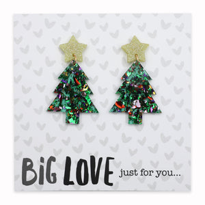 Green glittery Christmas tree earrings on a card with 'Big Love just for you...' text.