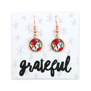 Floral earrings on a card with 'grateful' text