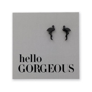 Flamingo shaped stainless steel earring studs on 'hello gorgeous' card.