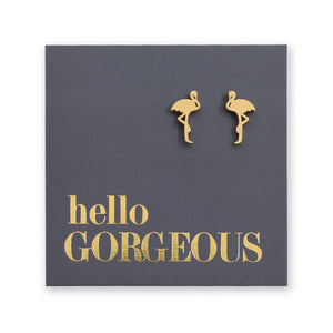Flamingo shaped stainless steel earring studs on 'hello gorgeous' card.