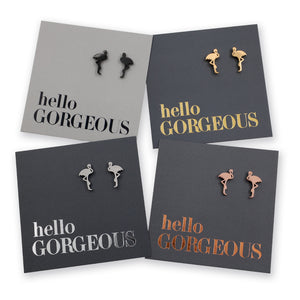 Flamingo shapes stainless steel earring studs on 'hello gorgeous' card.
