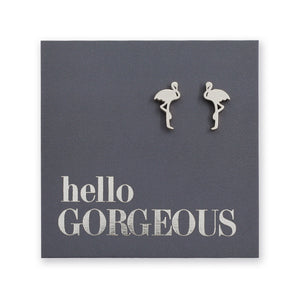 Flamingo shaped stainless steel earring studs on 'hello gorgeous' card.