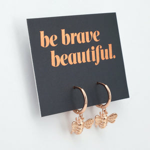 HUGGIES - Be Brave Beautiful - 18K Rose Gold Sterling Silver Hoops with Bee Charm (8101-F)