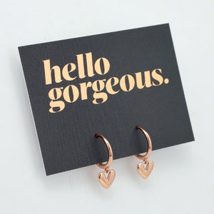 HUGGIES - Hello Gorgeous - 18K Rose Gold Sterling Silver Hoops with Heart Charm (8814-R)