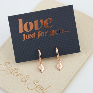 HUGGIES - Love Just For You- 18K Rose Gold Sterling Silver Hoops with Diamond Shaped Charm (8312-R)