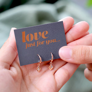 HUGGIES - Love Just For You- 18K Rose Gold Sterling Silver Hoops with Diamond Shaped Charm (8312-R)