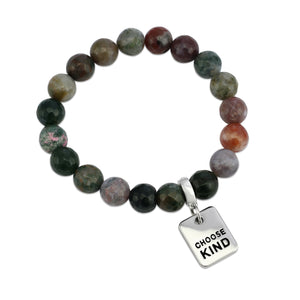 Stone Bracelet - Indian Agate Faceted Mixed 10mm Beads - with Silver Word Charm
