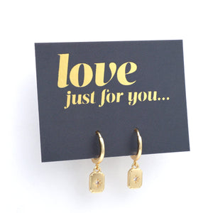 HUGGIES - Love Just For You - Sterling Silver Gold Hoops with North Star Rectangle Shaped Charm (11341)