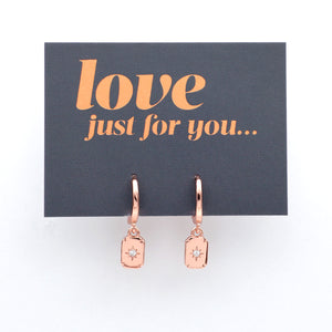 HUGGIES - Love Just For You - Sterling Silver Rose Gold Hoops with North Star Rectangle Shaped Charm (11423)
