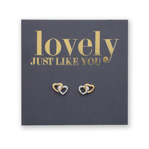 Heart-shaped earrings on a card with 'lovely JUST LIKE YOU' text