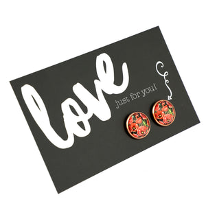 Pair of earrings on a card with 'love just for you!' text