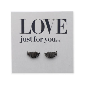 Black trumpet earrings on a card with 'LOVE just for you...' text